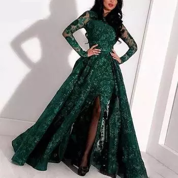 Элегантное женское платье с длинными рукавами и золотой вышивкой 2025 года - сексуальное, с запахом на бедрах, весна/лето M зелёный