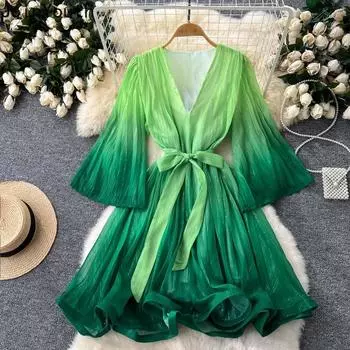 Элегантное женское платье с градиентной повязкой, тонкая талия, халат с расклешенными рукавами, винтажные летние платья с оборками, 2024, Vestidos De Mujer One Size оранжевый