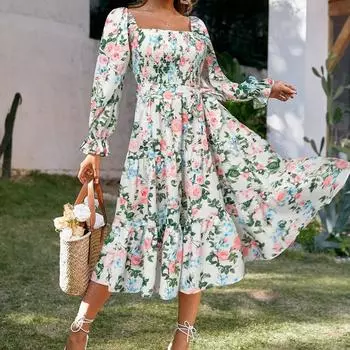 Элегантное женское платье с квадратным воротником и цветочным принтом, новое модное плиссированное платье с длинным рукавом и высокой талией, вечернее платье А-силуэта, свободное повседневное платье принцессы 1330 S розовый