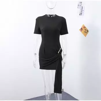 Элегантное женское платье с металлической пряжкой и лентой, с коротким рукавом и круглым вырезом, черные женские платья, весна 2025, летнее модное женское платье S чёрный