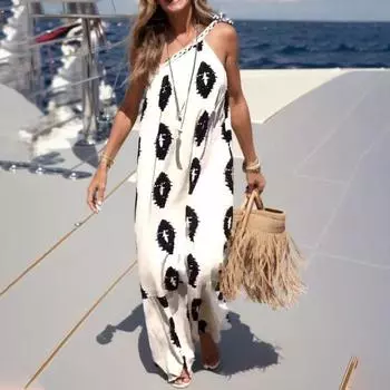 Элегантное женское платье с принтом на одном плече, свободное платье без рукавов для отпуска, повседневное платье макси в богемном стиле, праздничное платье M белый
