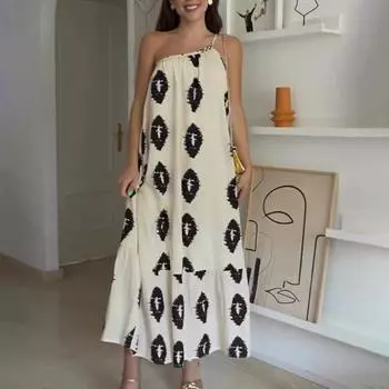 Элегантное женское платье с принтом на одном плече, свободное платье без рукавов для отпуска, повседневное платье макси в богемном стиле, праздничное платье M белый