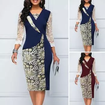 Элегантное женское платье с принтом, V-образным вырезом, рукавом 3/4, тонкое платье миди, модное женское вечернее повседневное облегающее платье, весенне-осенняя одежда, пригородный бизнес L синий