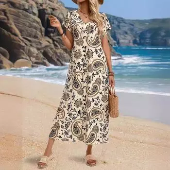 Элегантное женское платье с принтом, V-образным вырезом, короткими рукавами и боковыми разрезами S абрикосовый