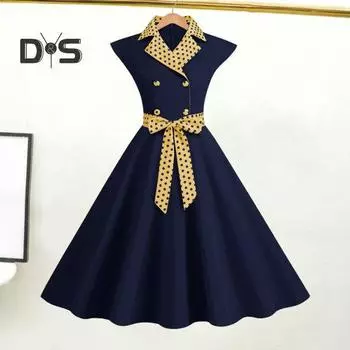 Элегантное женское платье с принтом в горошек, воротником-лацканом, бантом на талии, милое повседневное вечернее платье без рукавов, облегающее платье средней длины для женщин на лето L жёлтый