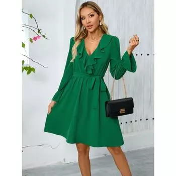 Элегантное женское платье с V-образным вырезом и длинными рукавами в стиле «Лист лотоса» на осень и зиму S чёрный