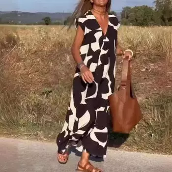 Элегантное женское платье с v-образным вырезом и свободной талией, летние модные длинные платья S чёрный