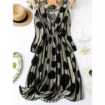 Элегантное женское платье с V-образным вырезом и принтом в горошек, новое модное свободное плиссированное вечернее платье с длинным рукавом, свободное женское винтажное длинное платье А-силуэта, одежда 1839 S