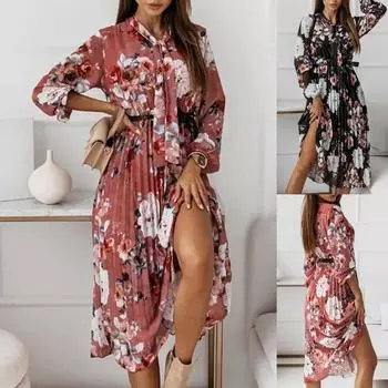 Элегантное женское платье, свободное плиссированное платье миди с длинными рукавами-фонариками и цветочным принтом, женский аксессуар для свиданий 2XL чёрный