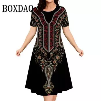 Элегантное женское платье в этническом стиле с бохо-принтом, модное свободное платье больших размеров, летние винтажные трендовые женские платья с коротким рукавом S