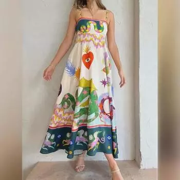 Элегантное женское повседневное модное платье с высокой талией и принтом 2024 года S