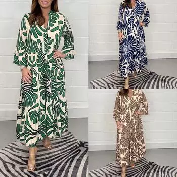 Элегантное женское повседневное винтажное свободное платье-рубашка с расклешенными рукавами, весна-осень, вечерние платья миди с v-образным вырезом и пуговицами, Vestidos XXXL синий