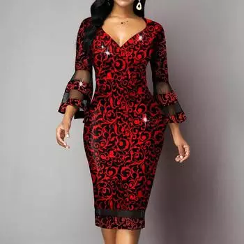 Элегантное женское сетчатое платье с принтом и V-образным вырезом, темпераментные платья S красный