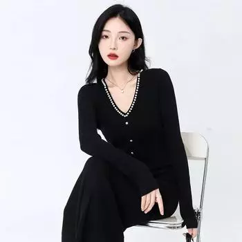 Элегантное женское трикотажное платье, однотонное, с V-образным вырезом, с бисером, осень-зима, женская юбка Senior Sense 2024, роскошное платье на осень, сексуальные платья для женщин S чёрный