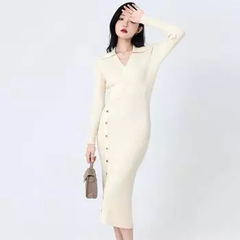 Элегантное женское трикотажное платье Женское утягивающее платье-свитер с V-образным вырезом Длина до колена Внутренний пакет Юбка с узким низом Трикотажная женская одежда Осень-зима S чёрный