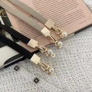 Элегантные эластичные женские ремни с двойной жемчужной пряжкой, черные тонкие ремни, женское платье для девочек, юбка, декор, пояса белый
