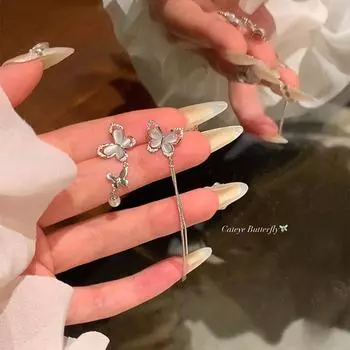 Элегантные асимметричные серьги-кисточки в виде бабочек из кошачьего глаза для женщин A1830 серебряный