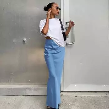 Элегантные атласные черные юбки-трубы, модные тонкие юбки с высокой талией, женские 2023, однотонные офисные длинные юбки, весна-лето S чёрный