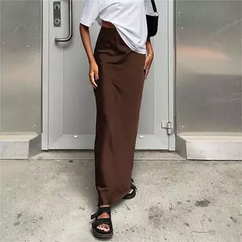 Элегантные атласные черные юбки-трубы, модные тонкие юбки с высокой талией, женские 2024, однотонные офисные длинные юбки, весна-лето S чёрный