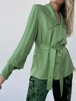 Элегантные атласные однотонные женские рубашки с матросским воротником и длинным рукавом, модный пояс, офисная женская рубашка, синий однобортный женский топ S зелёный