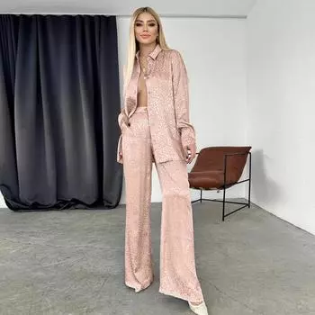 Элегантные атласные свободные прямые брюки, комплекты из двух предметов с леопардовым принтом, повседневный женский костюм с длинными рукавами для поездок на работу XXL чёрный