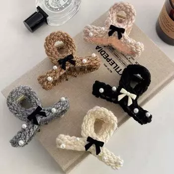 Элегантные банты ручной работы из трикотажной пряжи, заколки-краб для волос, женские аксессуары для волос, корейские заколки-заколки среднего размера с жемчугом, головные уборы на осень-зиму серый