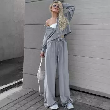 Элегантные бархатные длинные брюки, женские комплекты с застежкой-молнией и длинным рукавом, пальто со шнуровкой и широкими брюками, женские комплекты, осенние женские наряды S серый