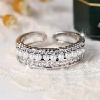 Элегантные белые искусственные жемчужины с яркими кубическими цирконами кольца для женщин серебряного цвета открытое кольцо свадебные украшения подарок на помолвку серебряный/белый