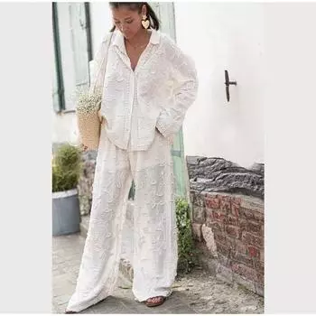 Элегантные белые рубашки с цветочной аппликацией, комплекты брюк, блузка с длинными рукавами и пуговицами, широкие брюки, костюмы, летняя женская уличная одежда S белый