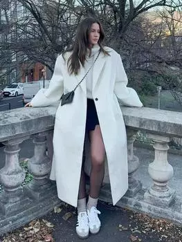 Элегантные белые шерстяные длинные пальто для женщин, свободные пальто с лацканами и длинным рукавом на одной пуговице 2024 года, женская уличная верхняя одежда на осень-зиму S белый