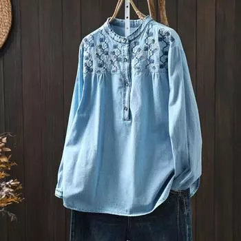 Элегантные блузки для женщин Этнические длинные рукава Вышитые джинсовые рубашки и блузки Джинсовые рубашки Винтажный топ Y2K One Size темно-синий