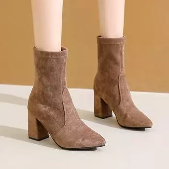 Элегантные ботильоны из искусственной замши на высоком каблуке, женские модные ботильоны с острым носком, женские офисные короткие ботильоны на квадратном каблуке 34 чёрный