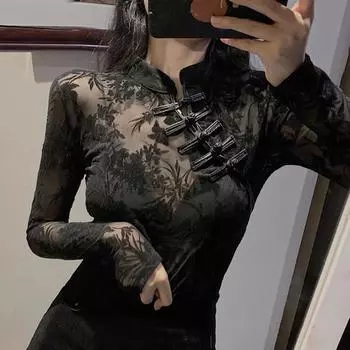 Элегантные черные блузки с длинными рукавами, тонкие водолазки в китайском стиле, сексуальные топы для женщин, винтажные прозрачные кружевные женские рубашки 11350 S чёрный