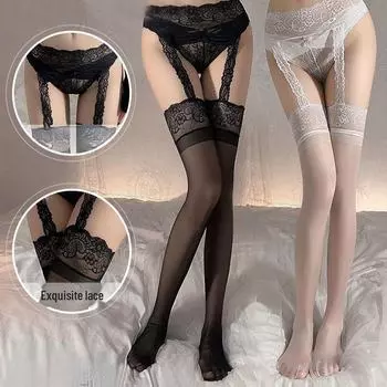Элегантные черные шелковые чулки с подвязками - Сексуальные кружевные чулки выше колена, цельные колготки для женщин One Size