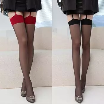 Элегантные черные шелковые чулки выше колена с красной отделкой One Size чёрный