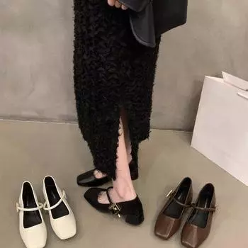 Элегантные черные туфли Мэри Джейн на толстой подошве, женские туфли на весну, осень и зиму, на среднем высоком каблуке с квадратным носком, вечерние туфли 35 коричневый