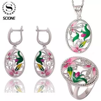 Элегантные цветочные серебряные эмалевые ювелирные наборы для женщин, красивые свадебные кулонные ожерелья, кольца, серьги 1