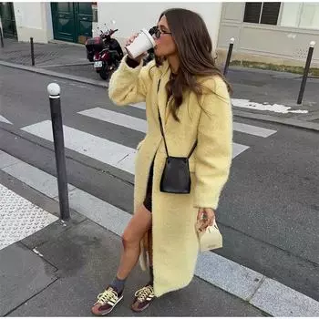 Элегантные длинные пальто из овечьей шерсти с отворотами для женщин, повседневное однобортное пальто для женщин на осень и зиму S жёлтый