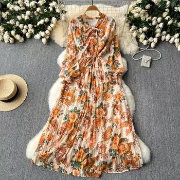 Элегантные длинные платья для женщин с цветочным принтом, шнуровкой, воротником-бантом, рукавами-фонариками, женское платье из шифона, А-силуэта, Vestidos Dropship One Size оранжевый