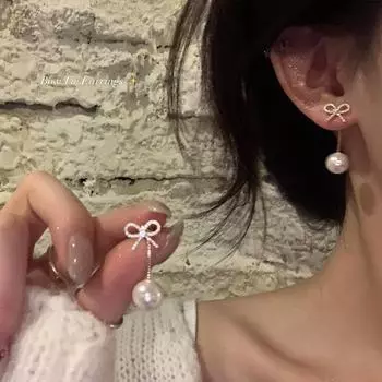 Элегантные длинные серьги-бантики с кисточками и бриллиантами для женщин A1918 серебряный