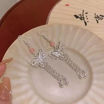 Элегантные длинные серьги-капли в виде бабочки с кисточками, блестящие висячие серьги для женщин 1 pair