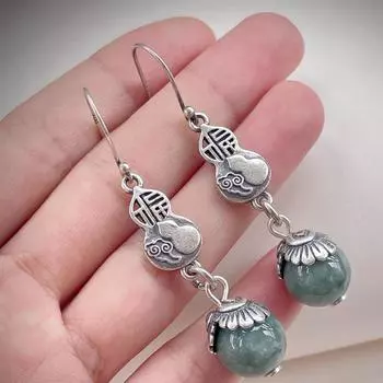 Элегантные длинные висячие серьги из стерлингового серебра 925 пробы с нефритом, ювелирные изделия 2022, винтажные круглые серьги из тыквы с круглыми бусинами, висячие серьги EH046 серебряный