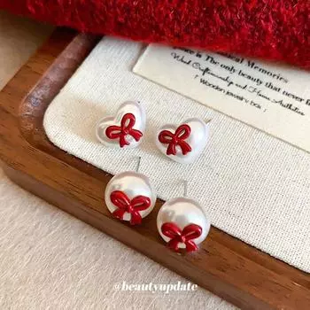 «Элегантные французские жемчужные серьги-бантики и серебряные иглы»: Роскошная осенне-зимняя мода для женщин. Round красный