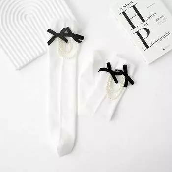 Элегантные гольфы для девочек-принцесс, простые, черного, белого цвета, с перламутровым бантом, детские носки для теленка, мягкие, хлопковые, школьные, ворсистые носки