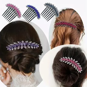 Элегантные гребни для волос с хрустальными цветами, 1 шт., дизайн листьев со стразами, сверкающие заколки для волос с драгоценными камнями и длинными зубцами 1pc лавандовый