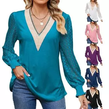 Элегантные и классические универсальные и удобные осенне-зимние женские свободные топы с V-образным вырезом и кружевом, с длинными рукавами, футболка с длинными рукавами S