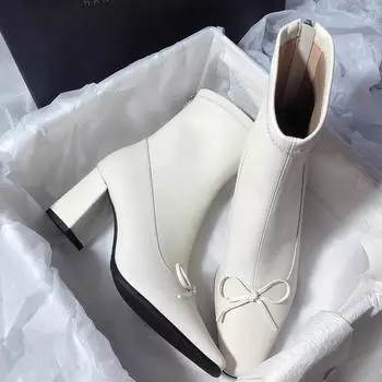 Элегантные и простые женские зимние туфли на высоком каблуке 2024 года, модные женские ботильоны с квадратным носком, удобные и теплые туфли на квадратном каблуке 35 бежевый