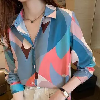 Элегантные и шикарные офисные женские рубашки с принтом в стиле ретро, универсальные рубашки на пуговицах, модные тонкие топы с длинными рукавами, блузки для женской одежды S разноцветный