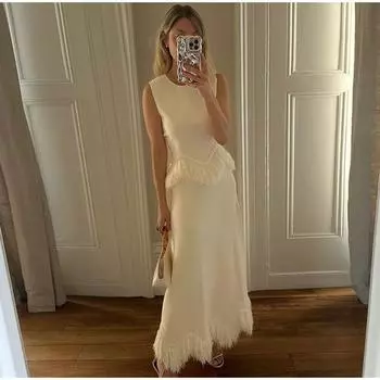 Элегантные кисточки сшитые макси юбки комплекты модные O-образный вырез без рукавов однотонные облегающие 2 предмета комплект новые женские юбки наряд S бежевый