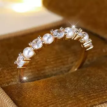 Элегантные кольца с искусственным жемчугом и цирконием для женщин, модные романтические украшения золотого цвета 6 золотой